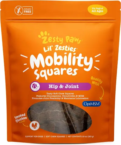 Zesty Paws Flavored Soft Chew Squares - Hip and Joint for Dogs with Glucosamine Chondroitin & MSM Dog Mobility Supplement for HIPS Joints Cartilage Support Plus Green Lipped Mussel